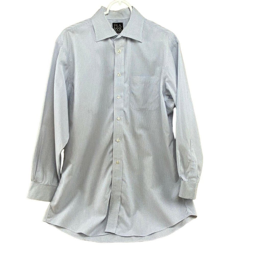 Jos A Bank Traveller Pinpoint Blue/White Checked Cotton Dress Shirt 16.5 - 32